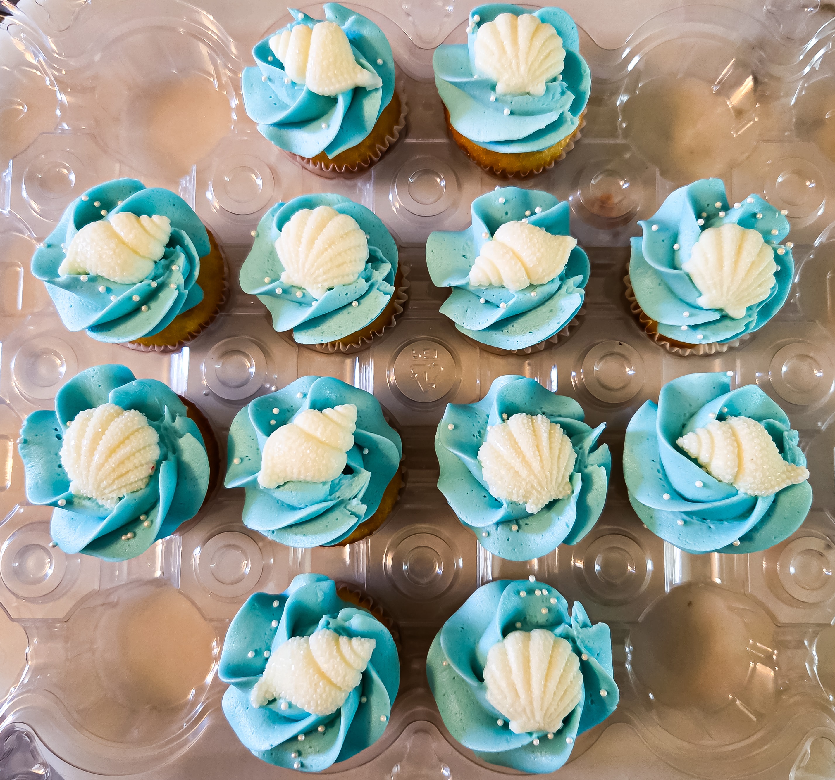 Teal ocean cupcakes with seashell toppers and pearl accents
