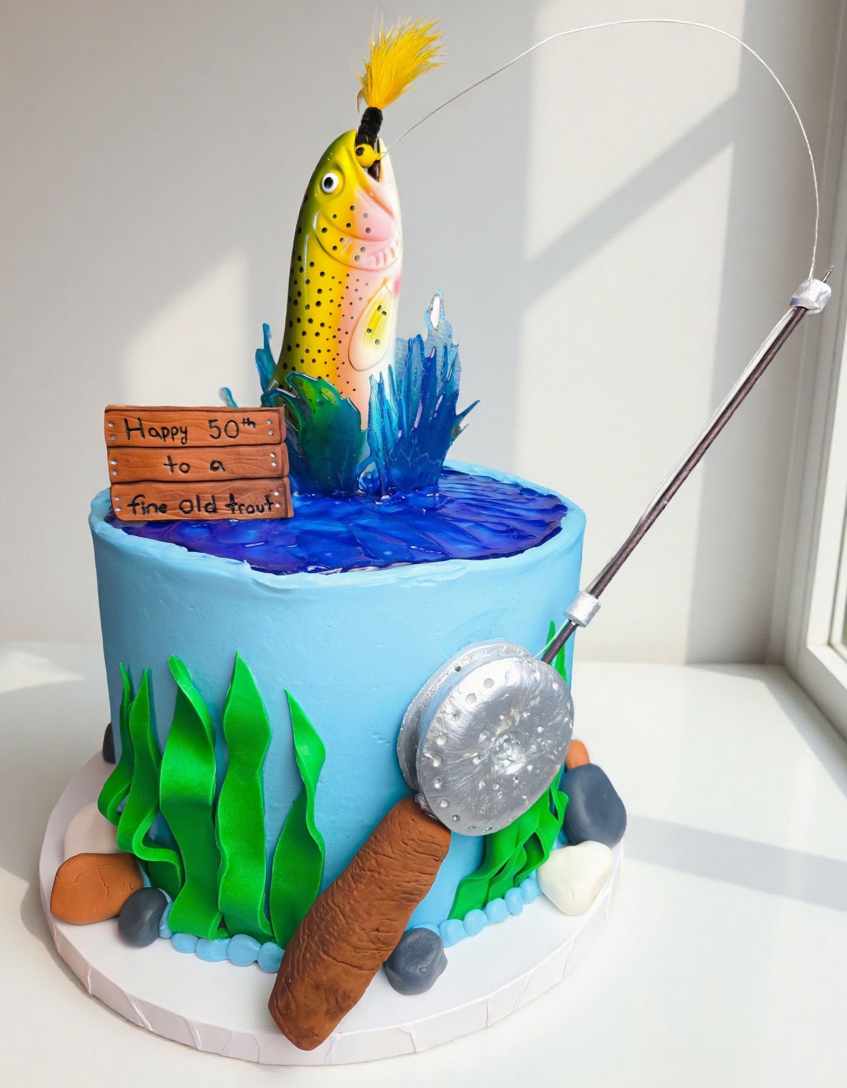 Fishing themed birthday cake with trout topper