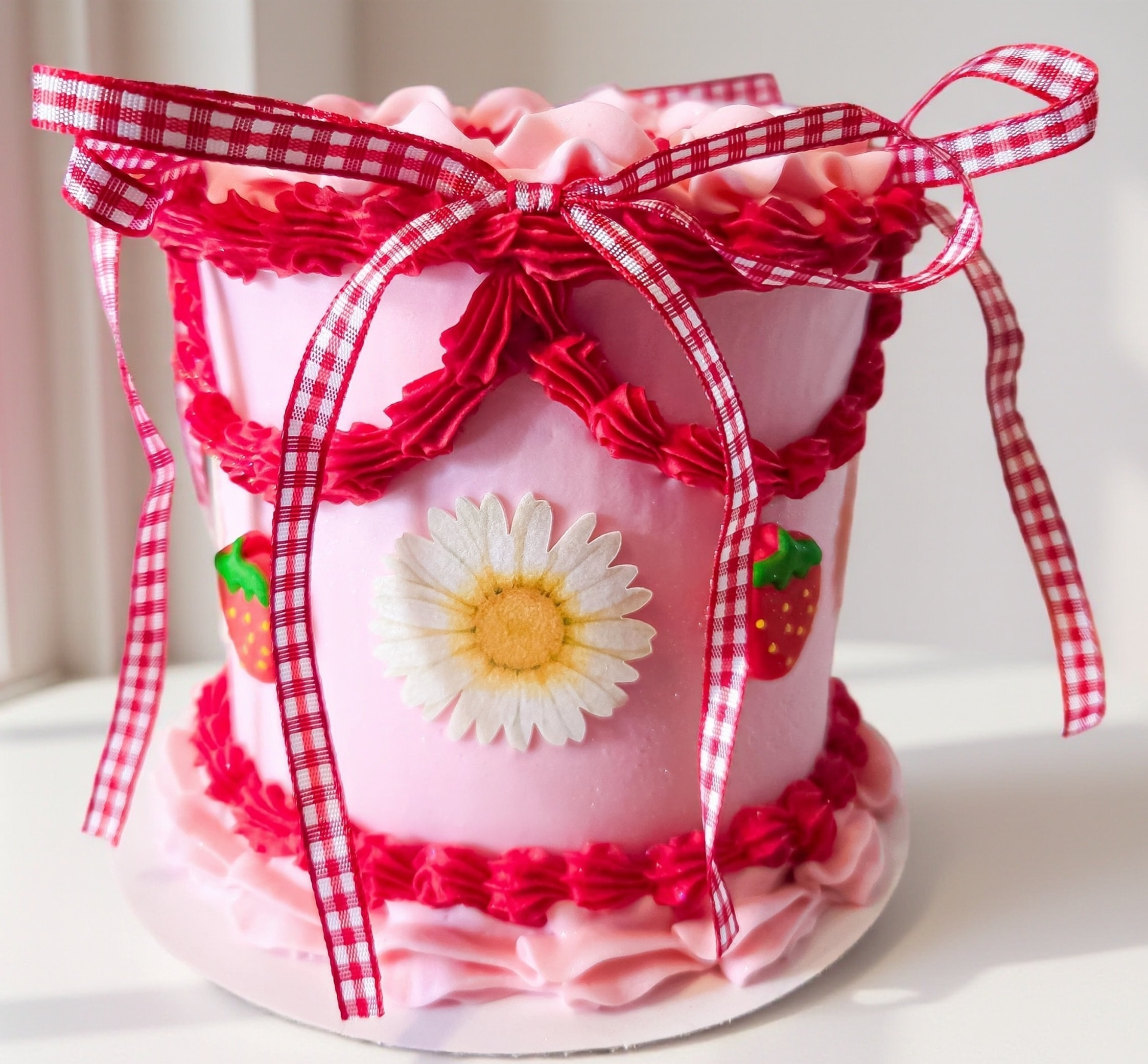 Pink cake with daisy and strawberry decorations